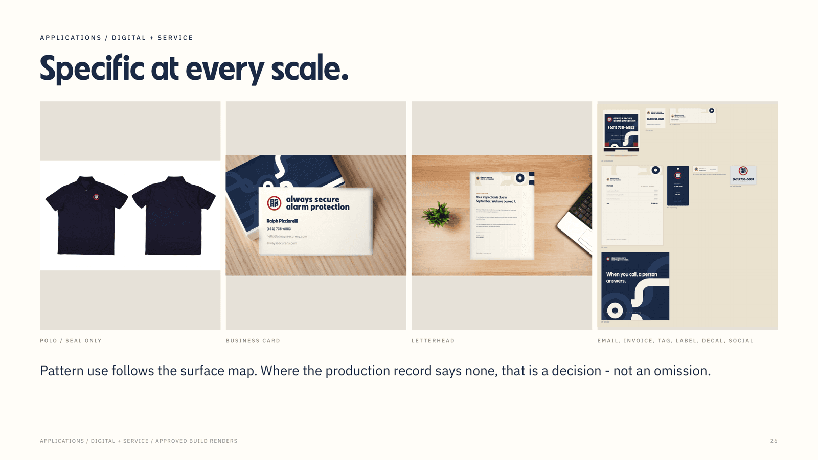 Approved Always Secure Brand Guidelines page showing the identity across apparel, business cards, letterhead, email, invoices, tags, labels, decals and social applications.