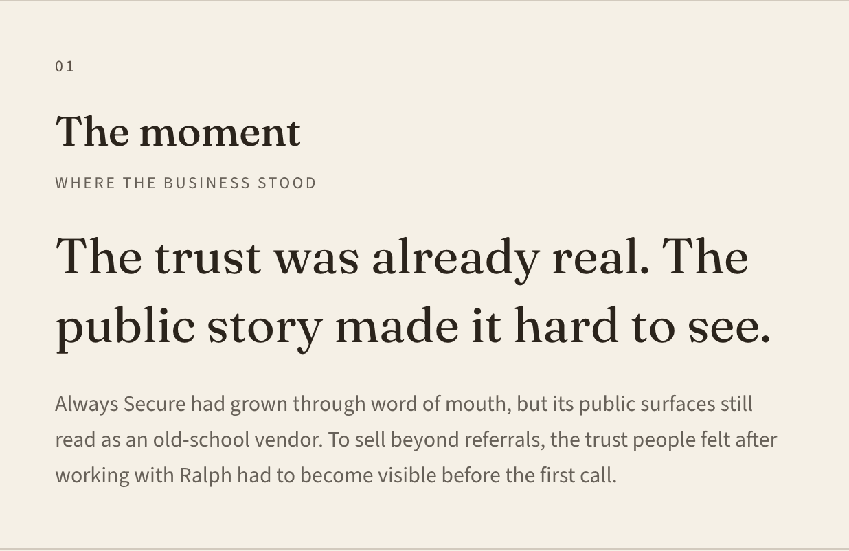 Approved Always Secure Strategy Playbook excerpt: The moment — the trust was already real, but the public story made it hard to see.