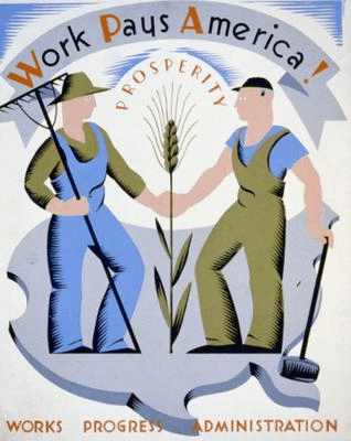 Historic Work Pays America poster reference with flat figures and a restricted palette