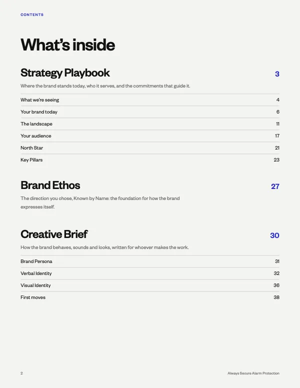 Always Secure Brand Playbook, page 2: What’s inside