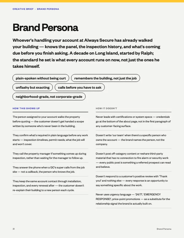 Always Secure Brand Playbook, page 31: Brand Persona